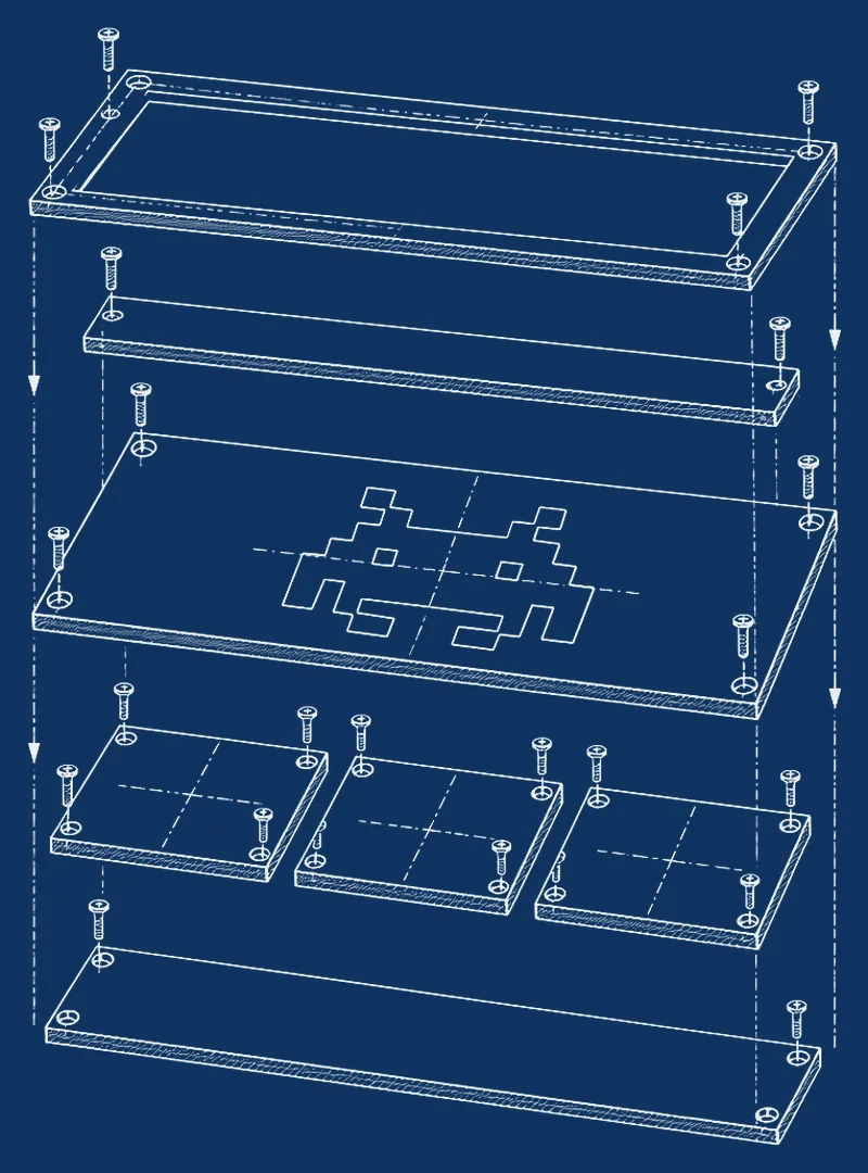 Exploded view of a product: frame, header, canvas, three cards, base